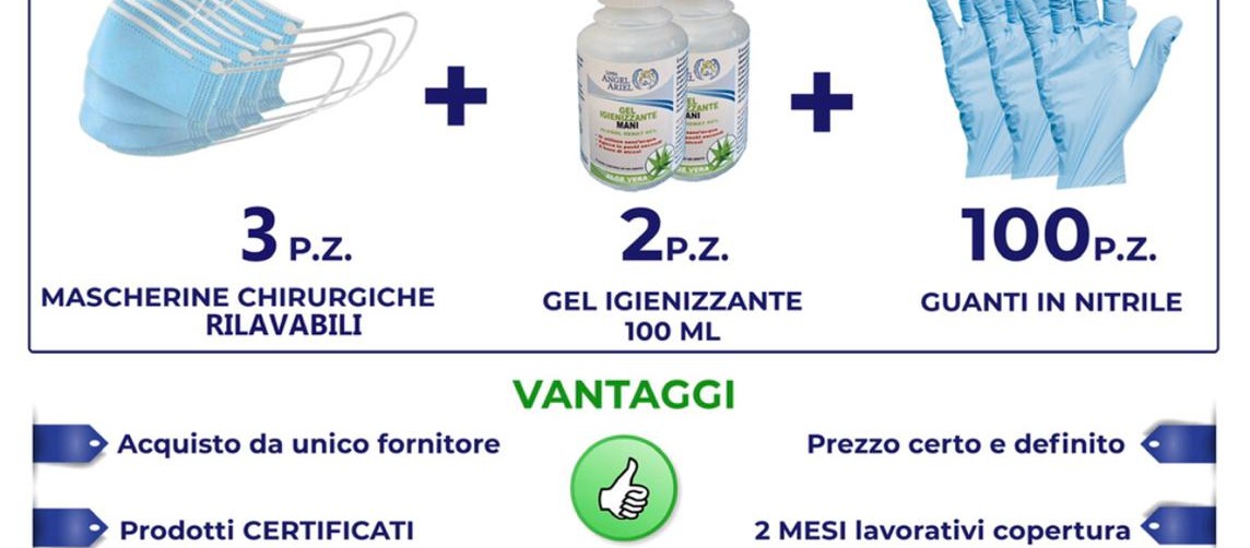 kit protezione covid19 mascherine guanti gel igienizzante