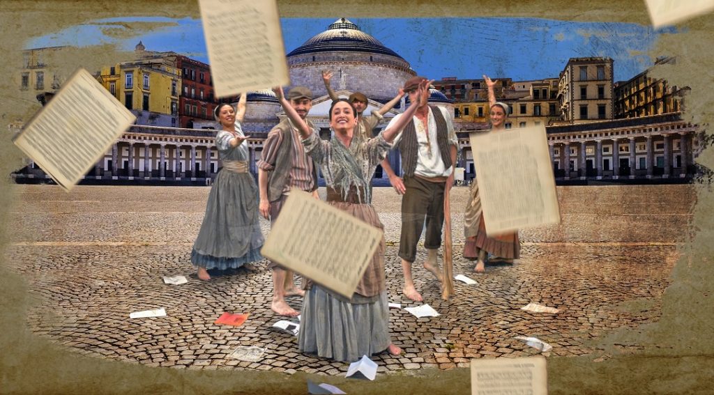 Scena in compositing con attori in Piazza Plebiscito - Canzone Napoletana al Trianon