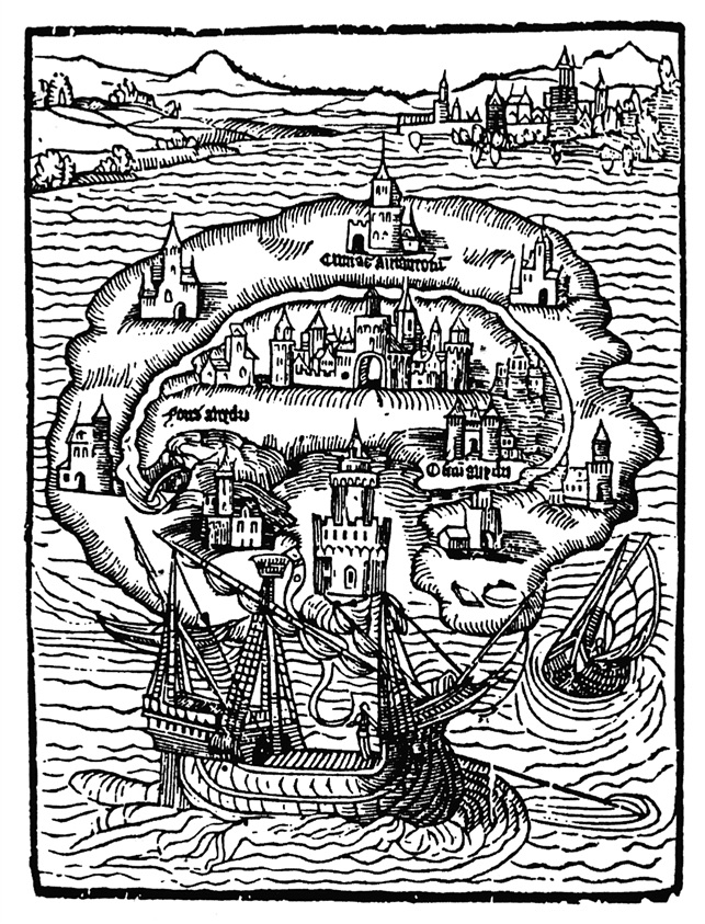 Illustration for the Utopia of Thomas More, an imagined Metaverse ante litteram