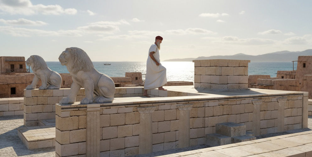 tharros sacerdote fenicio cammina sfondo tempio sul mare
